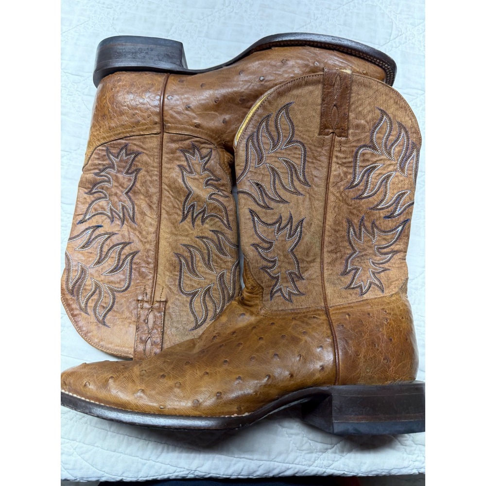 Cavender's Ostrich Western Boots Mens 12 D Brown Square Toe Exotic Leather